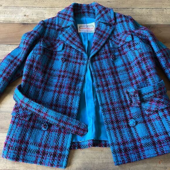 Vintage Teal Plaid Tweed Belted Jacket in Hand Tailored in 1969 by Sherman’s Inc - Picture 11 of 11